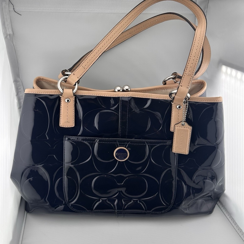 Coach Patent Leather Tote in Navy and Beige